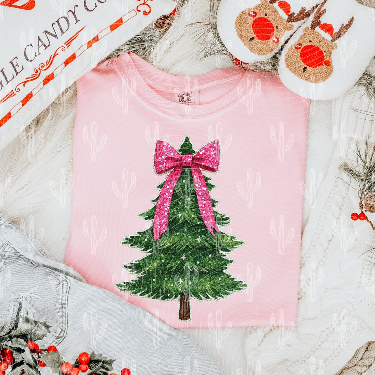 Faux sequin tree with pink bow (crafti) DTF transfer