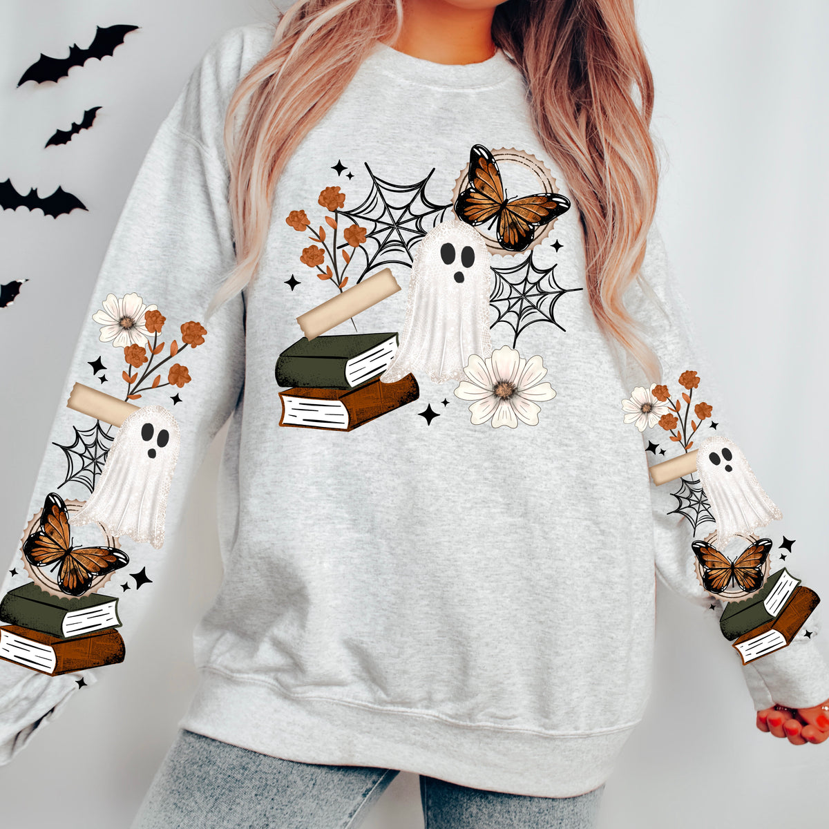 Ghost with books and butterfly (set two sleeves) (Csc) DTF Transfer