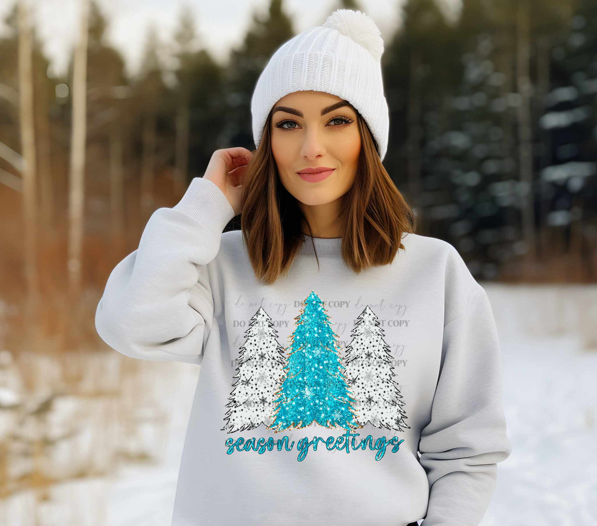 Season greetings blue and white tinsel trees 70185 DTF transfer