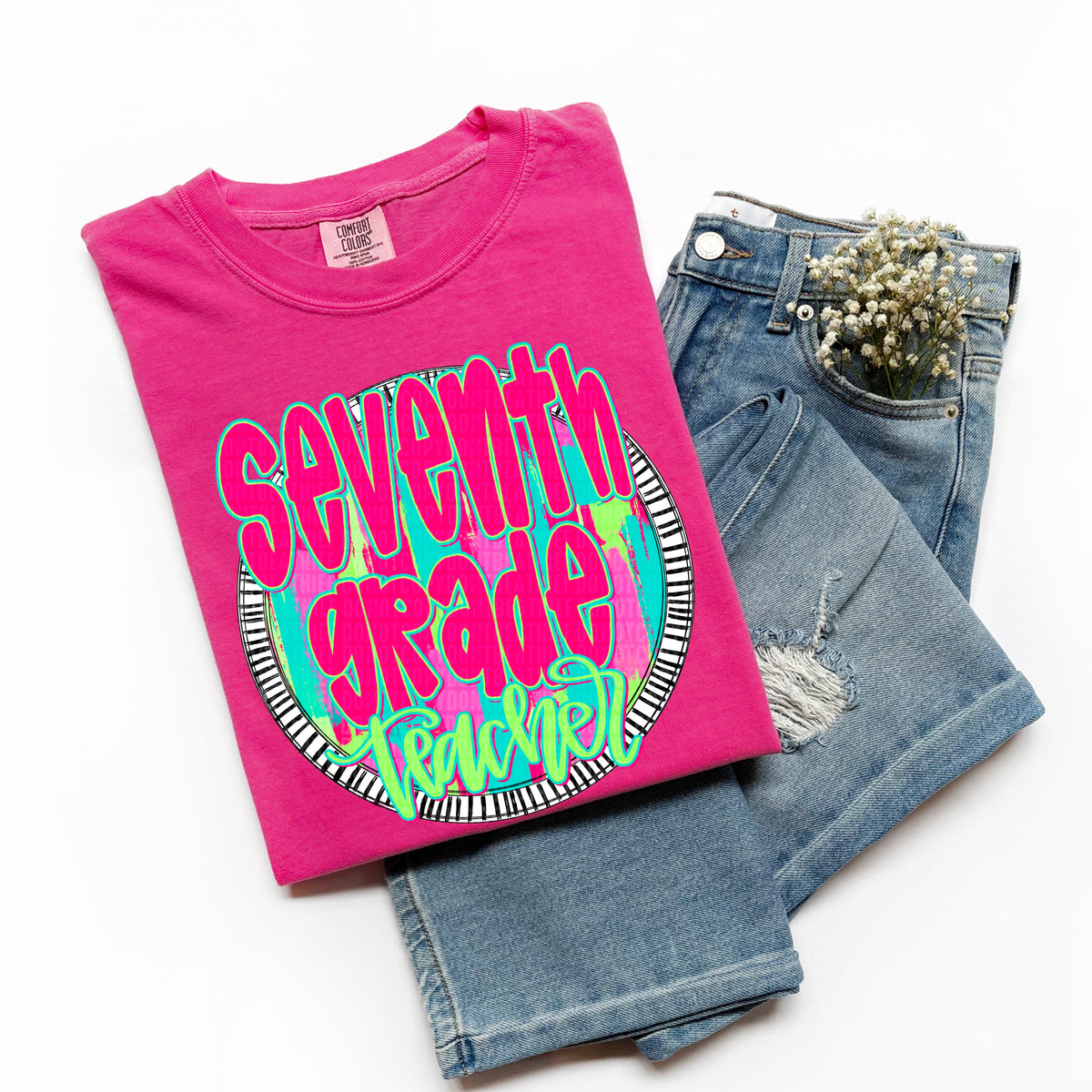 Seventh grade teacher pink font circle 106192 DTF transfer