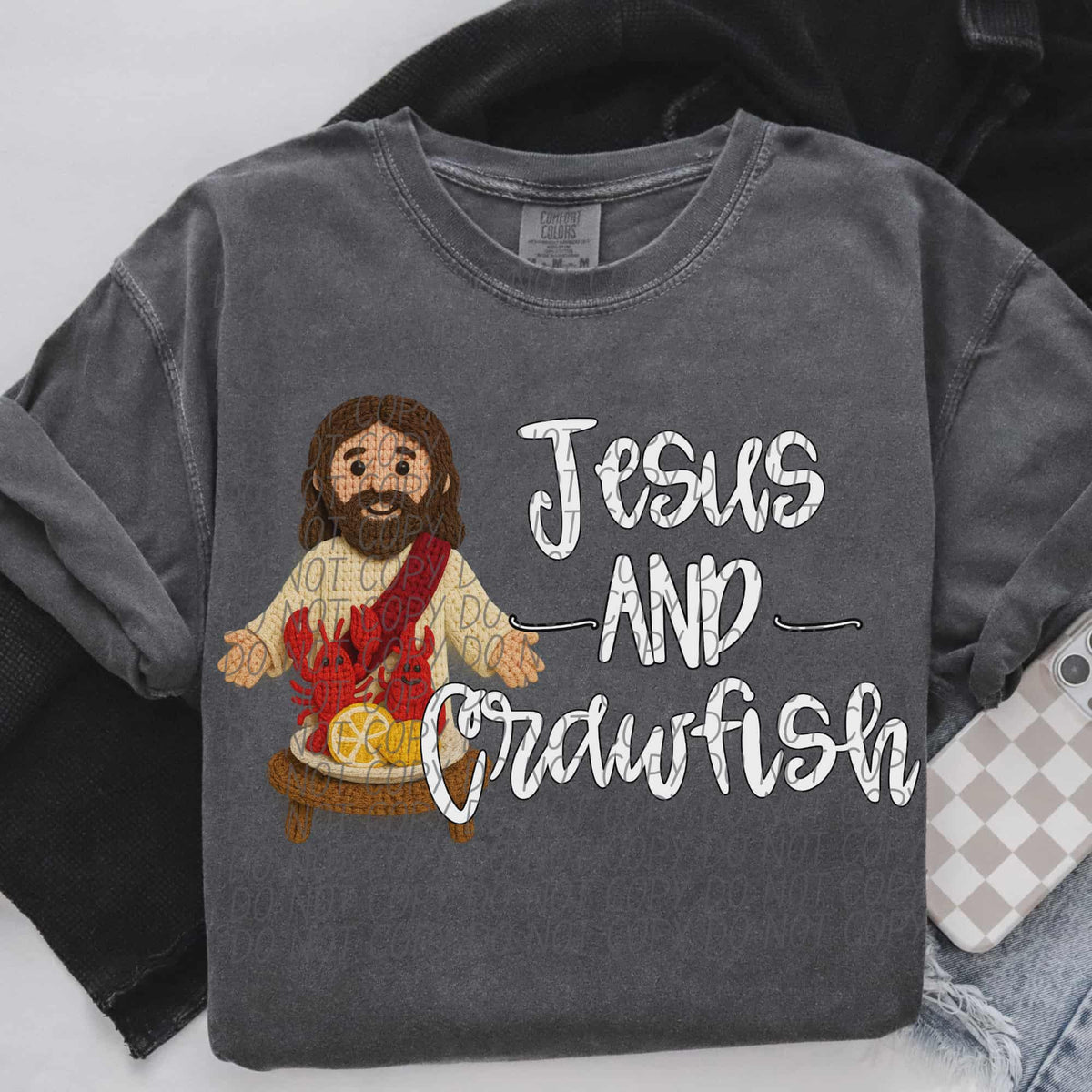 Jesus and crawfish white words faux yarn (city) DTF Transfer
