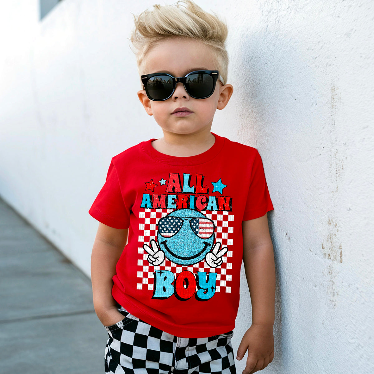 All American boy happy face white checkered 100171 DTF transfer