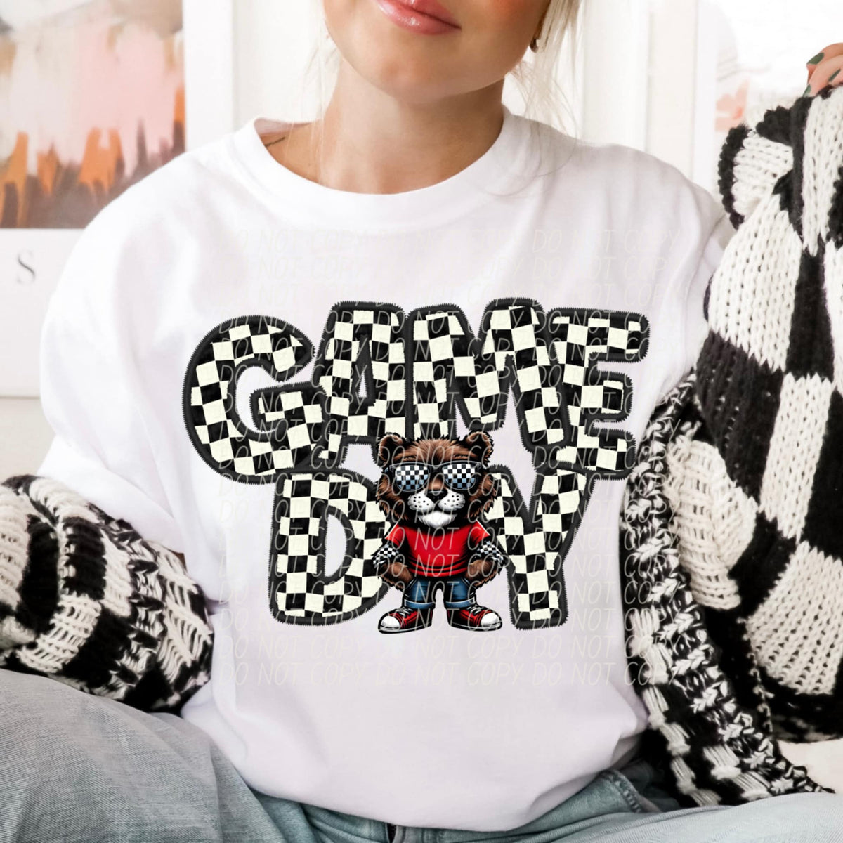 Game day bear red hoodie checkered (CITY) 91327 DTF transfer