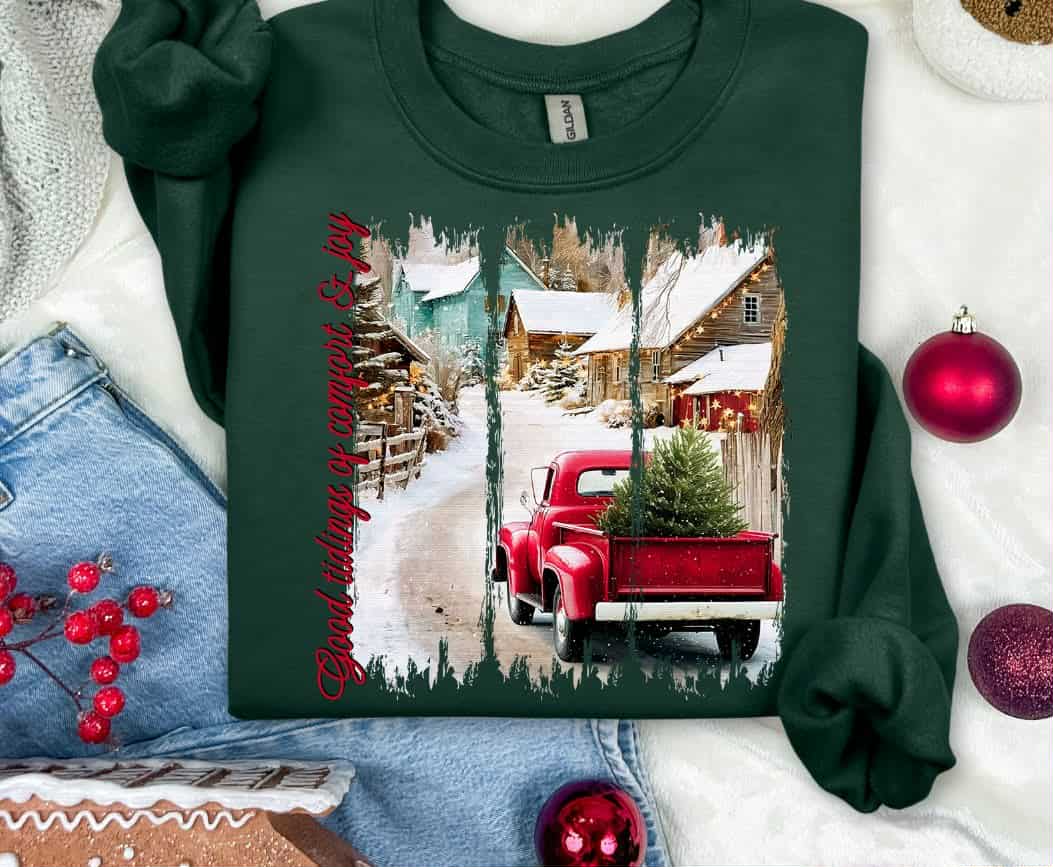 Good tidings of comfort and joy red truck brushstrokes (s&g) DTF Transfer
