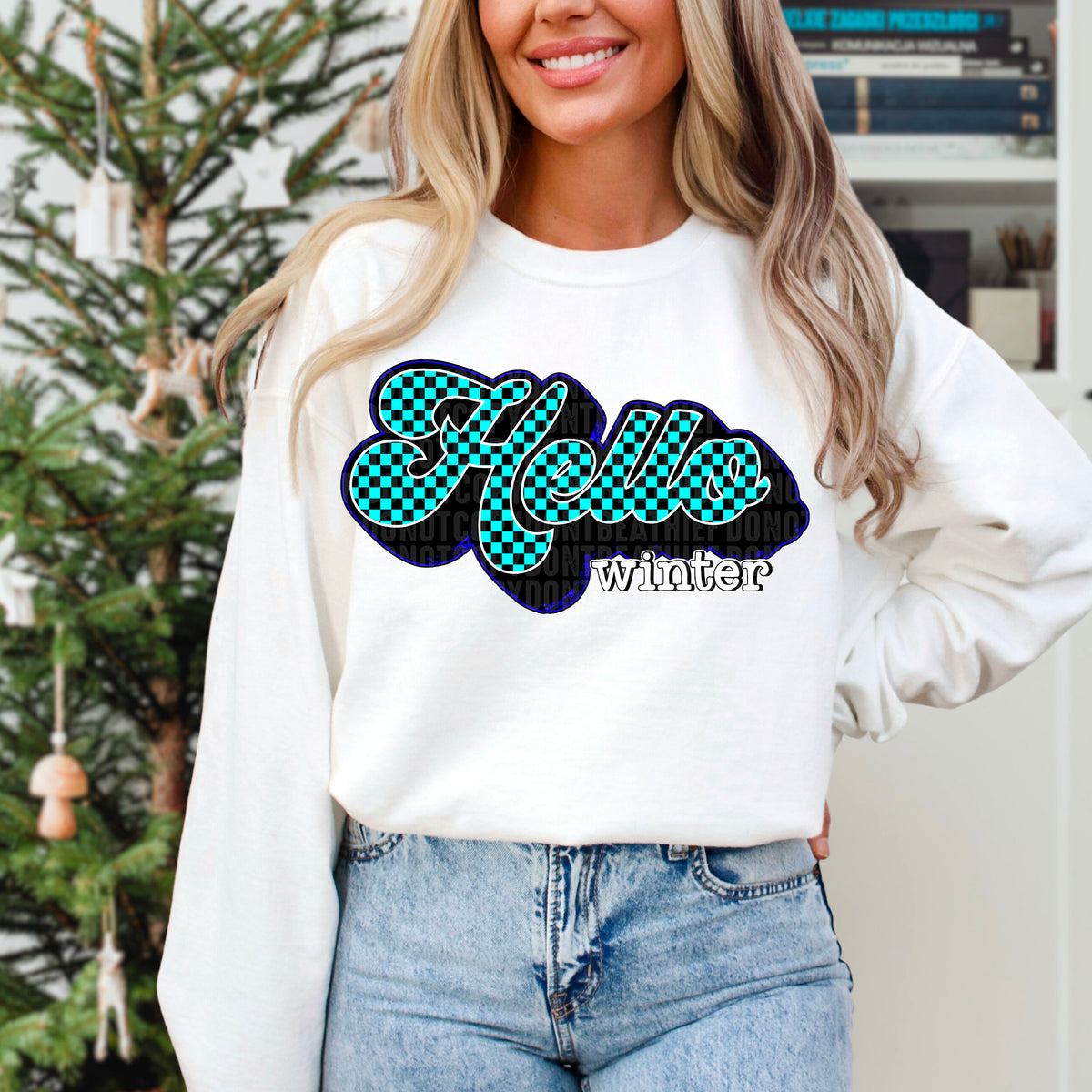 Hello winter blue checkered 103628 DTF transfer