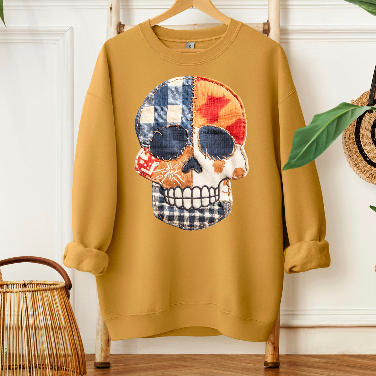 Faux Fabric Skull with patchwork DTF transfer