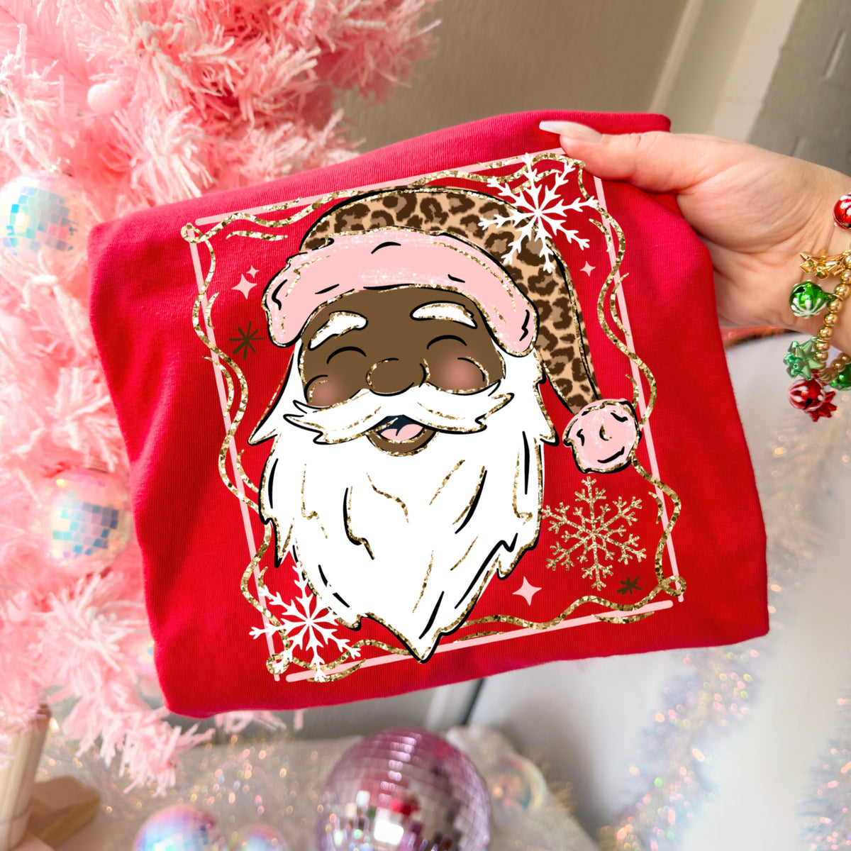 Pink and leopard Santa (darker skin tone) (csc) DTF Transfer