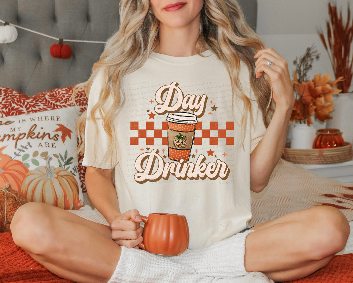 Day Drinker Retro Checkered Pumpkin Coffee 116181 DTF Transfer