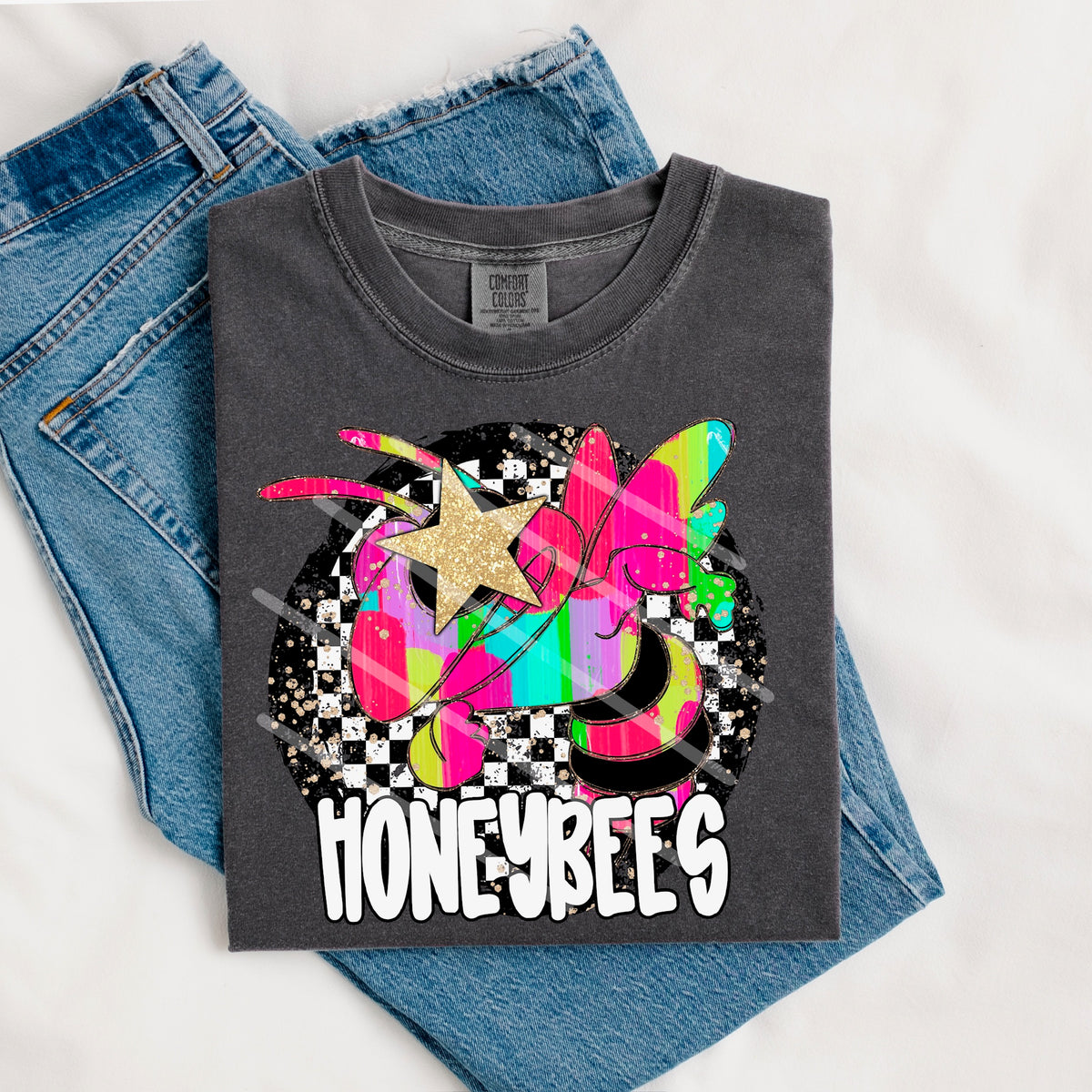 Honey bees Mascot rainbow checker circle (county line) 111056 DTF transfer