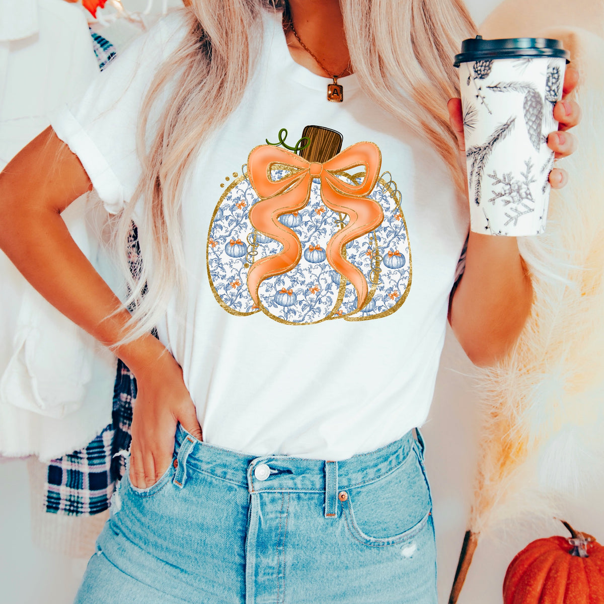 Blue Floral Pumpkin with orange bow 111842 DTF transfer