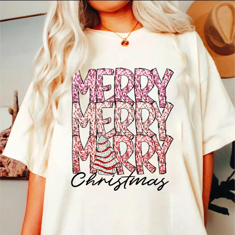 Merry Christmas stacked pink glitter black font 67579 DTF transfer