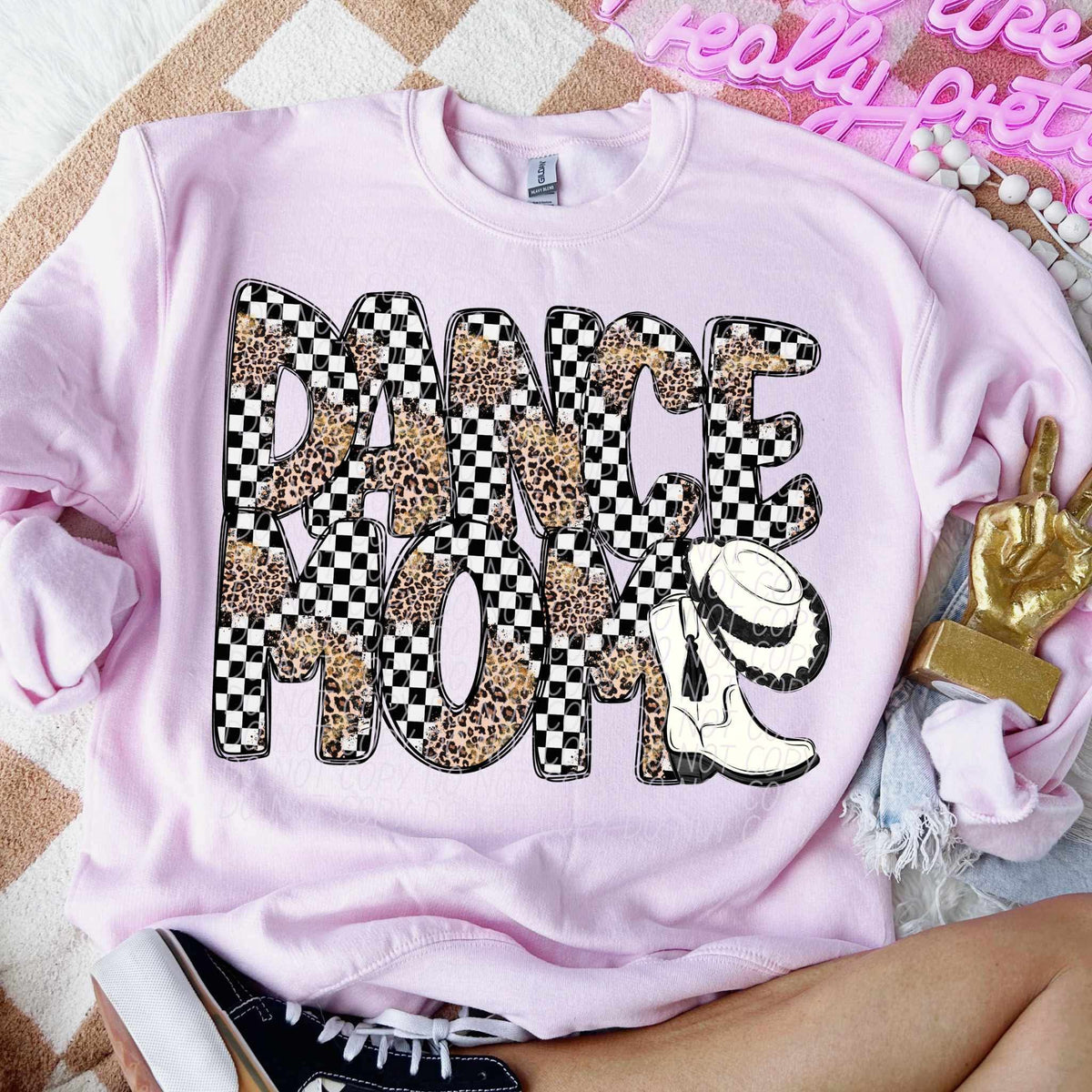 Dance mom white boot and hat leopard and checkered font city DTF transfer