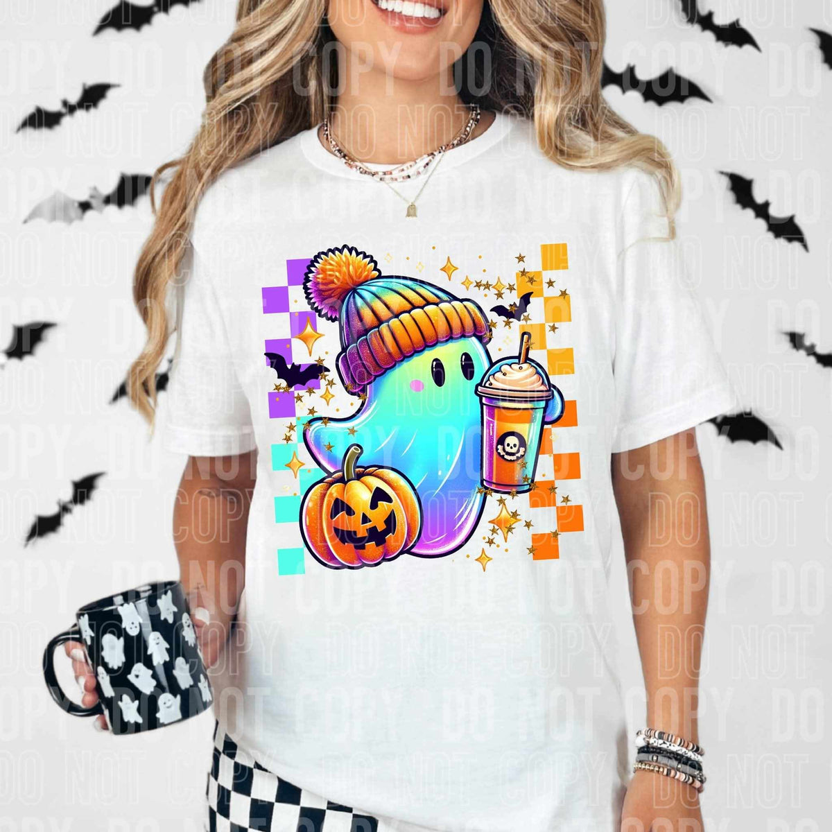 Rainbow ghost and checkered border with coffee (SBB) DTF transfer