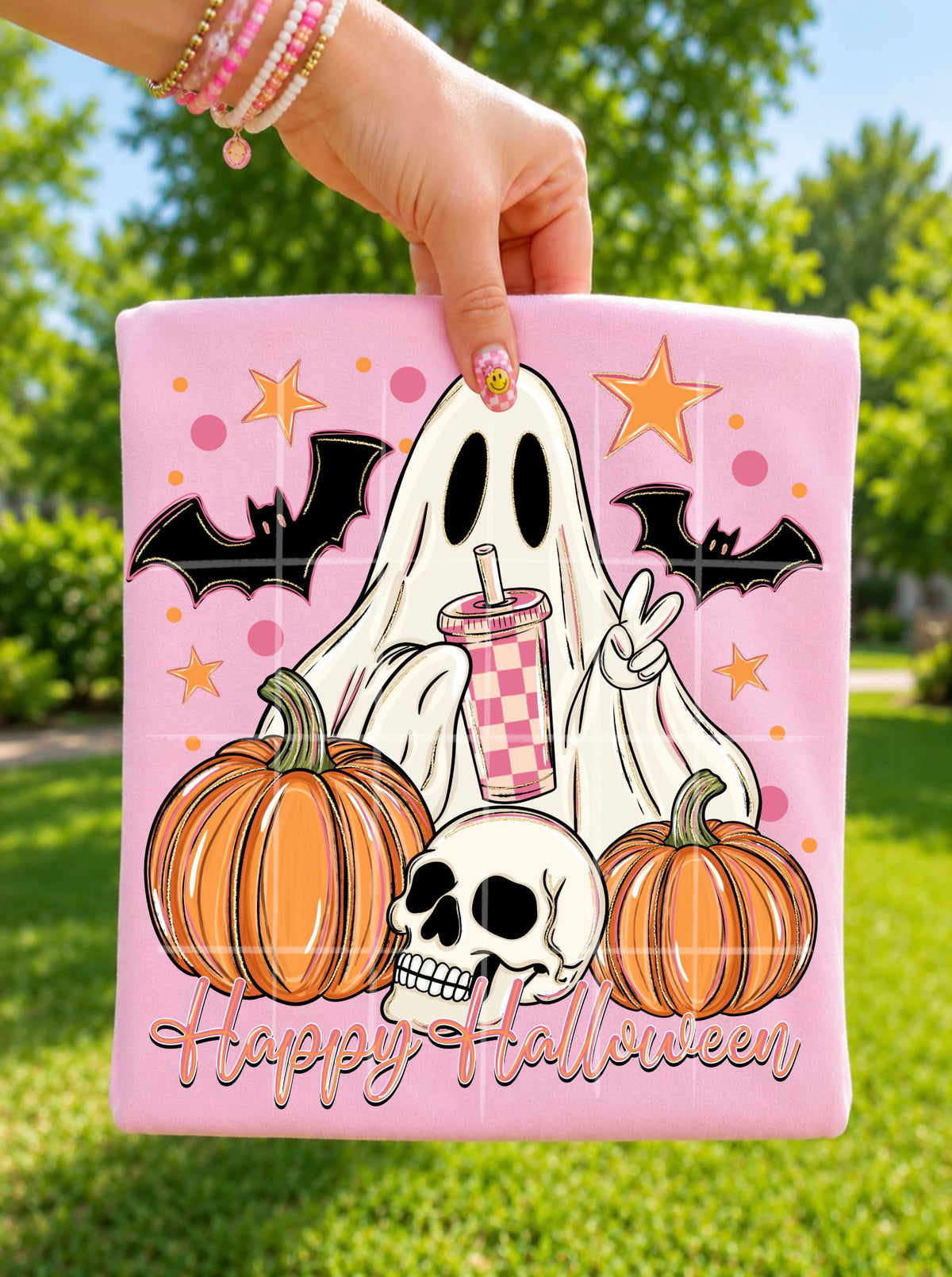 Happy Halloween girly ghost checkered cu lo pumpkins skull bats stars SSD DTF transfer