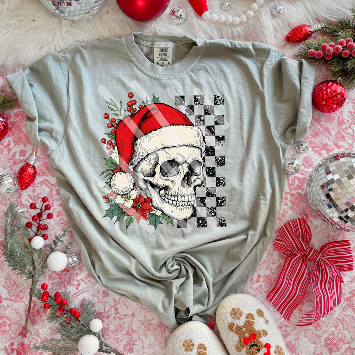 Skellie Santa with florals and checker 115103 DTF Transfer