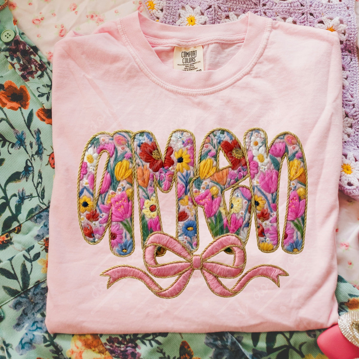 Amen colorful faux embroidery floral DTF Transfer