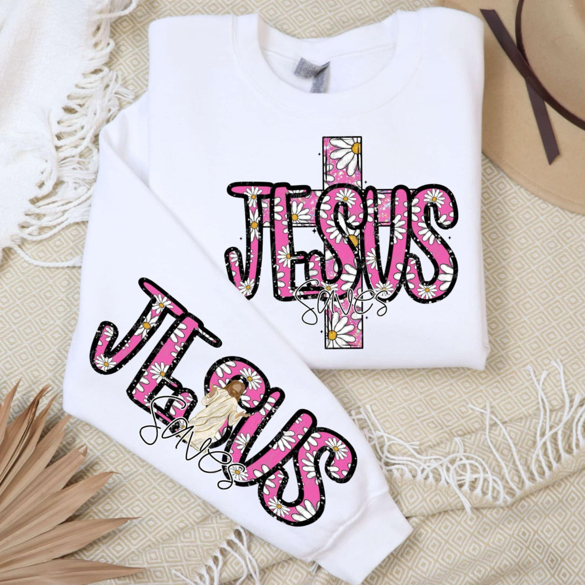 Jesus saves pink with daisies FRONT ONLY (VIRGO) 85191 DTF transfer