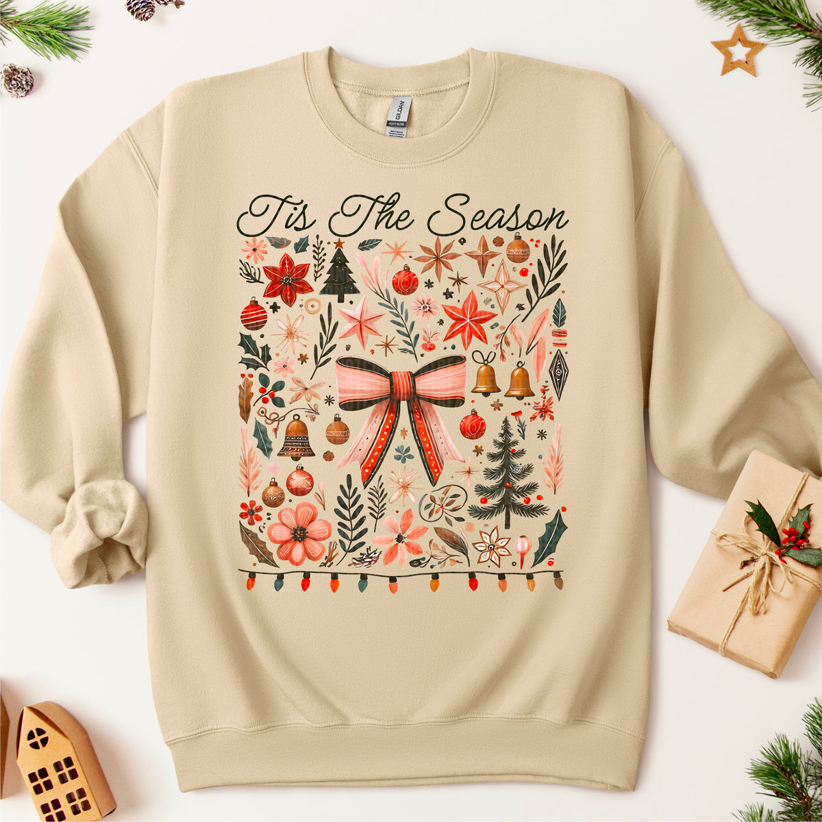 Tis the Season bows lights and ornaments 113406 DTF transfer