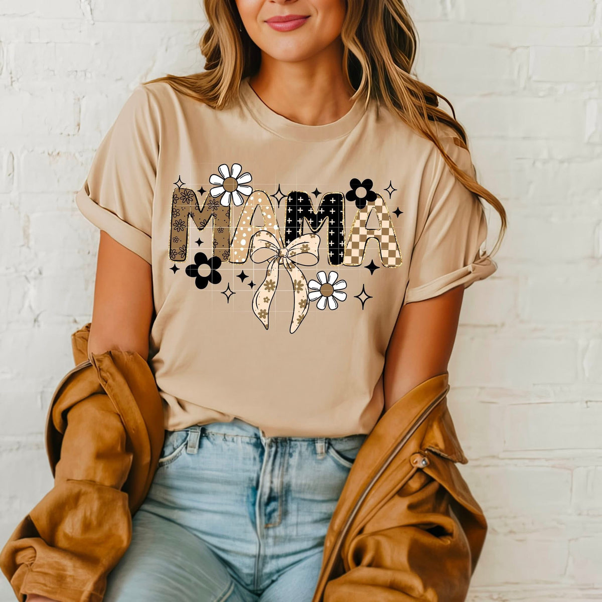 Neutral Mama with checker flowers and bow (csc) DTF transfer
