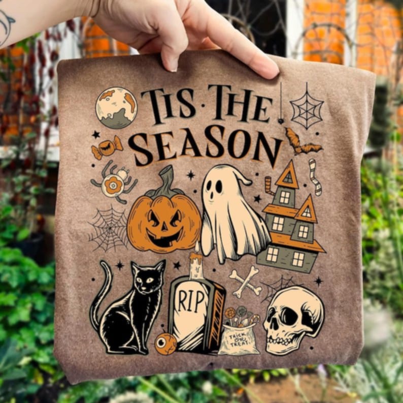 Tis the season with haunted house ghost pumpkin and black cat DTF transfer