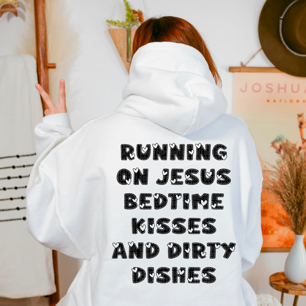 Running on Jesus bedtime kisses and dirty dishes black with hearts 91644 DTF transfer