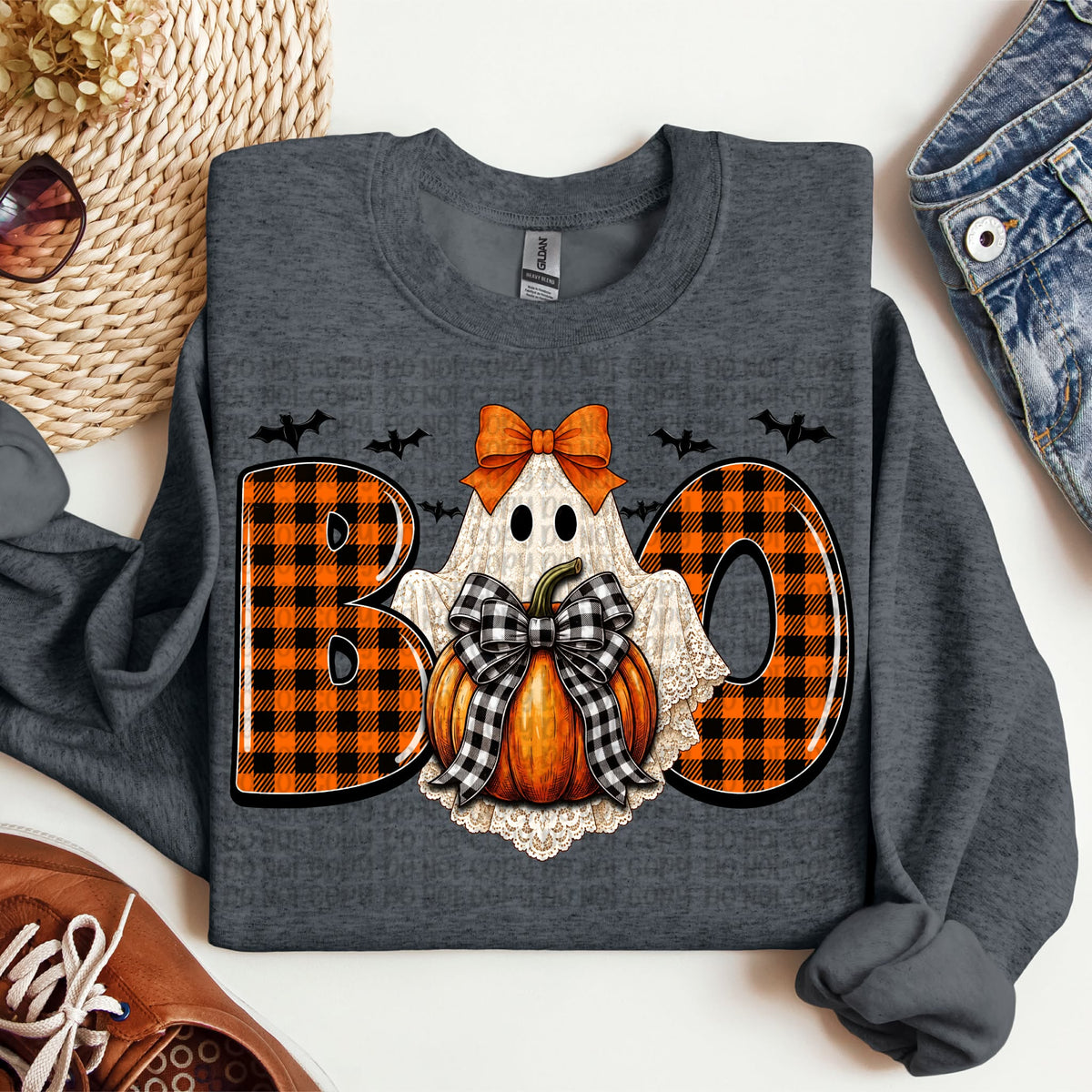 Boo orange black plaid ghost holding pumpkin black plaid bow  (VP) DTF Transfer