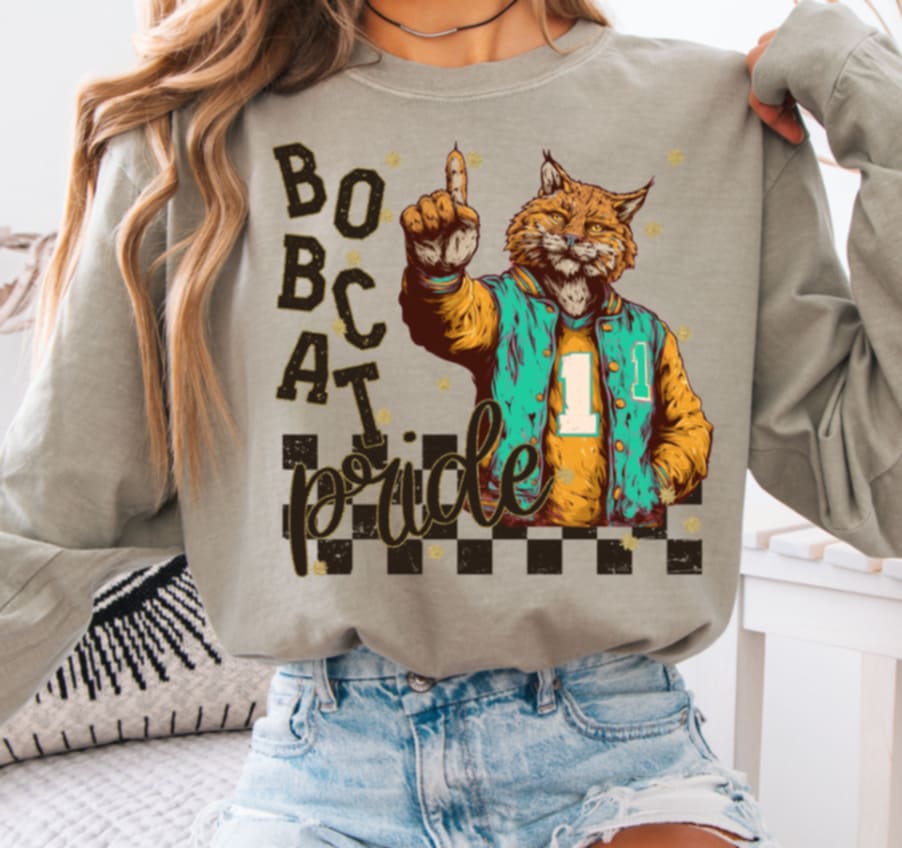 Bobcat Pride teal jacket mascot (s&g) DTF transfer