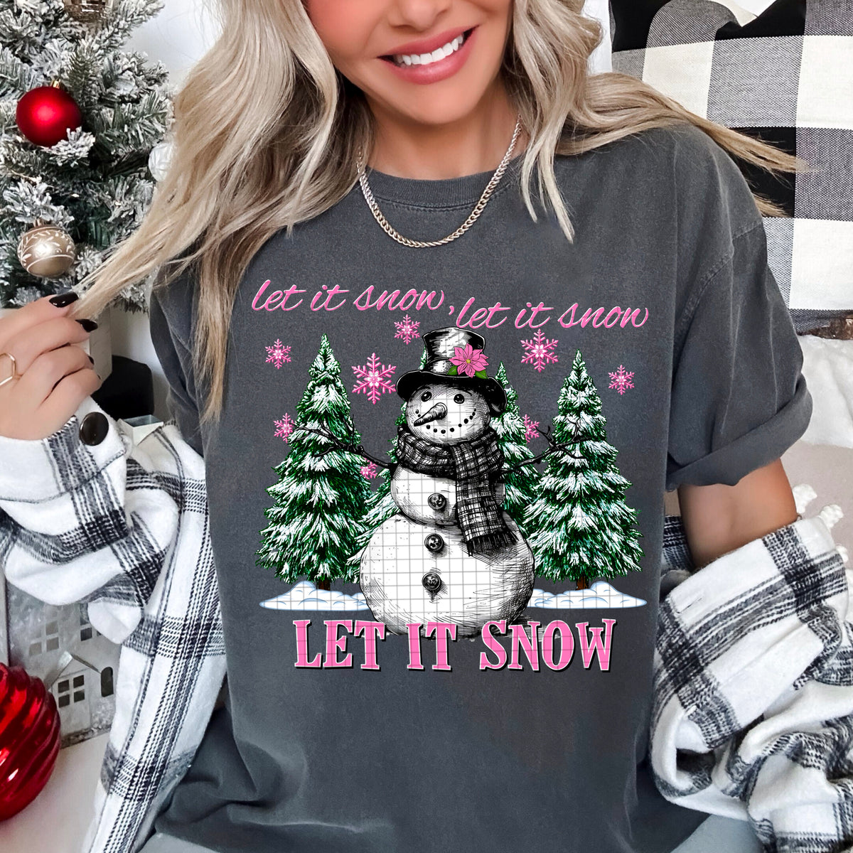 Let it Snow snowman pink letters (DDD) DTF transfer