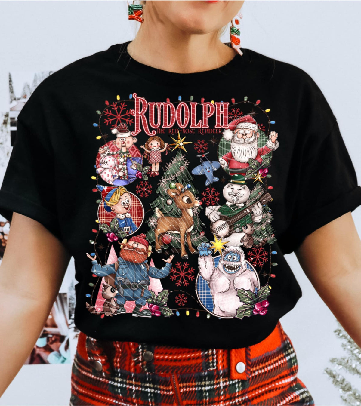 Reindeer Collage with christmas light border AG DTF transfer