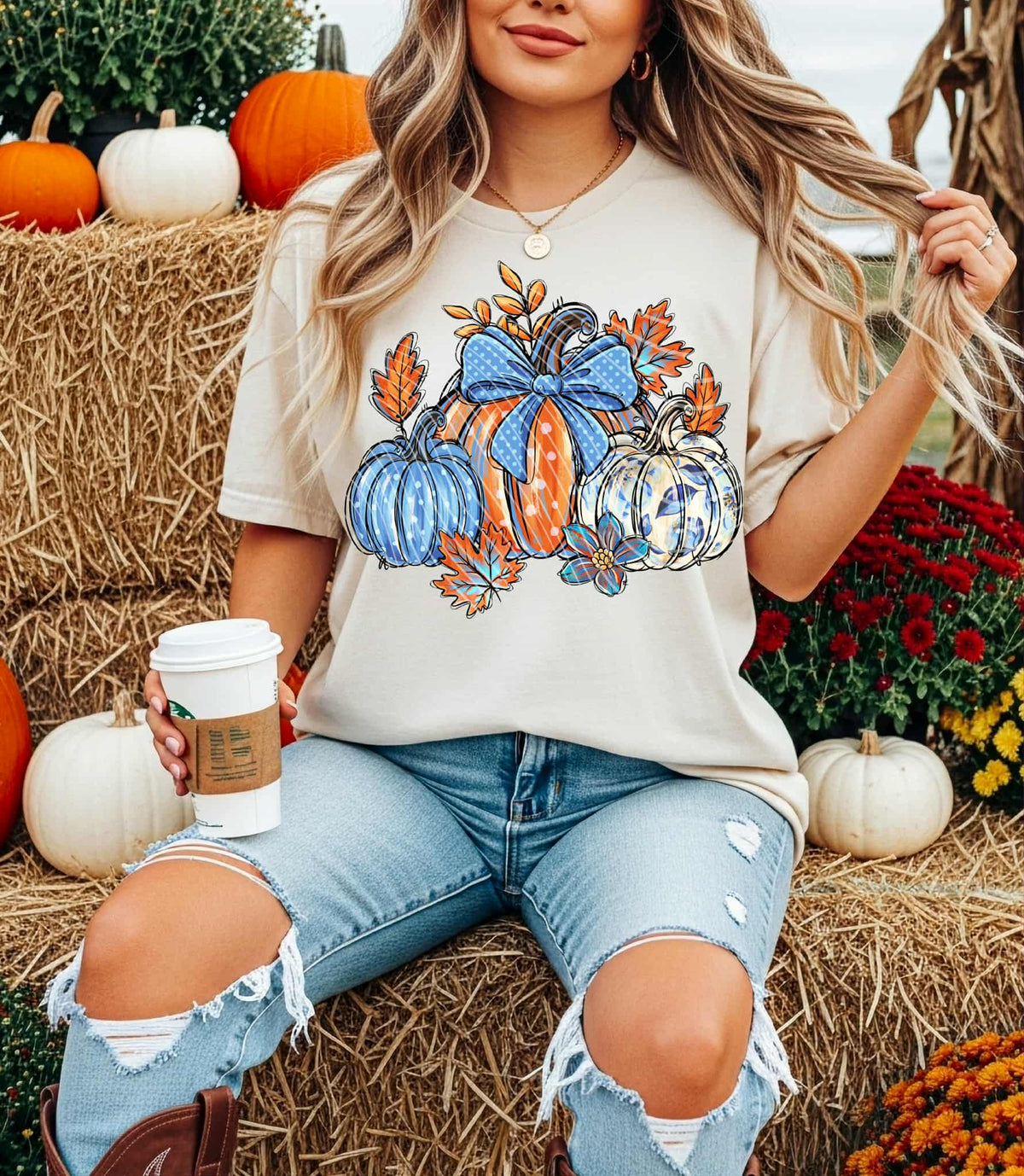 Pumpkins with blue bow (AG) DTF Transfer
