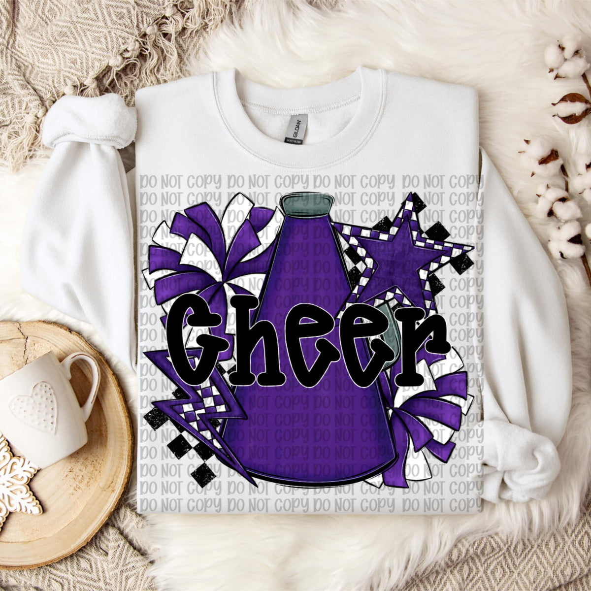 Cheer black words Purple megaphone and pom poms VP DTF transfer