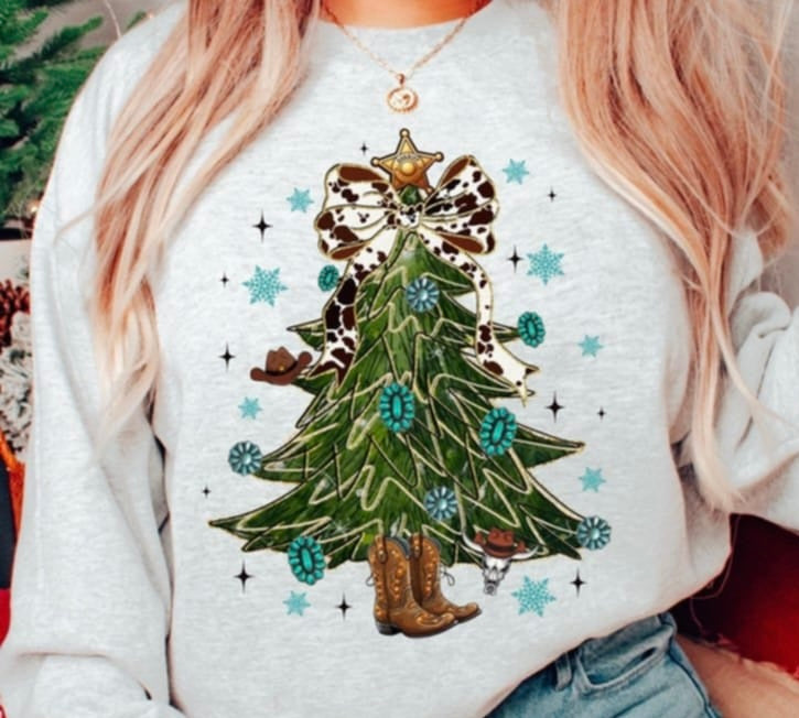 Christmas Tree with cow print bow and boots DTF transfer