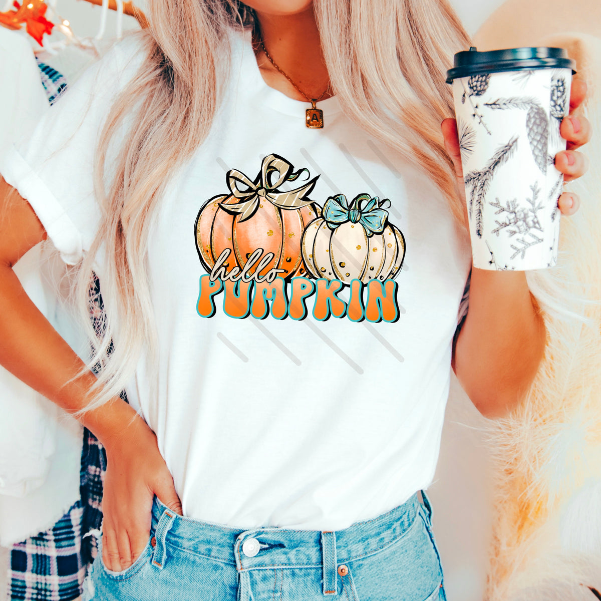 Hello Pumpkin orange and tan pumpkins with bows DTF transfer