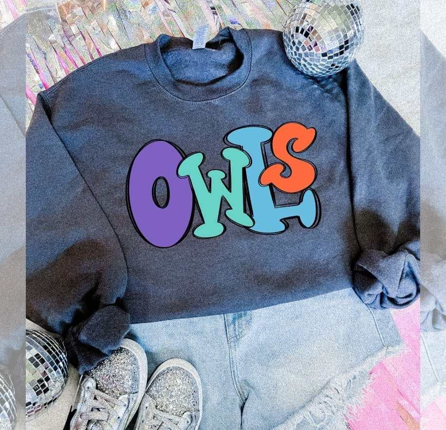 Owls colorful bubble font (S&G) 64507 DTF transfer