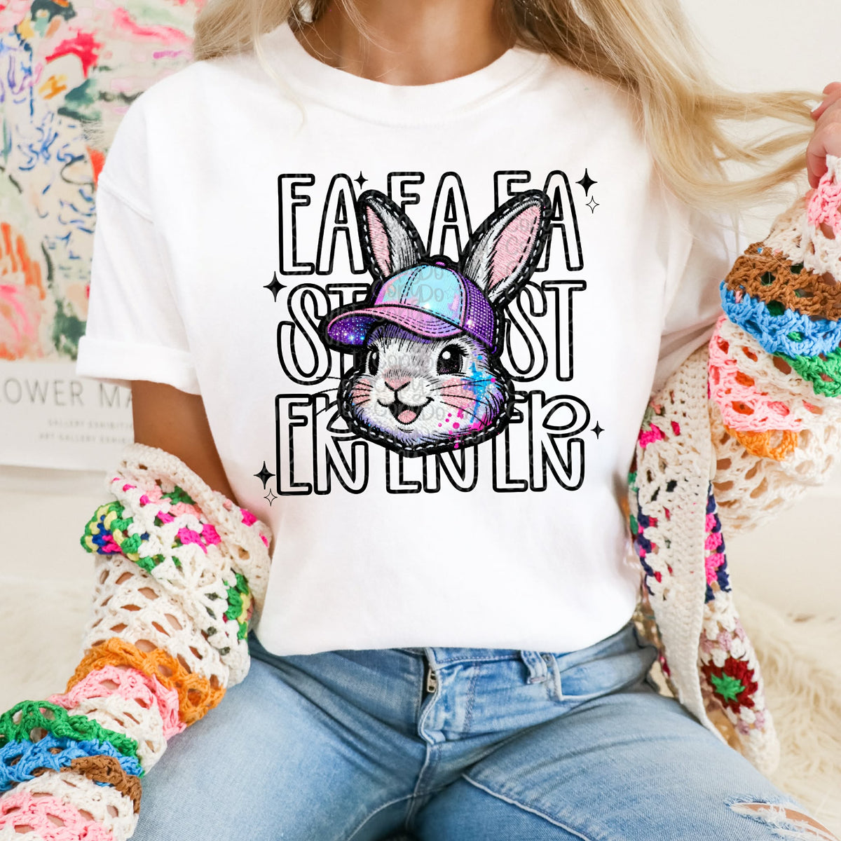 Easter bunny with hat white letters (Virgo) DTF Transfer