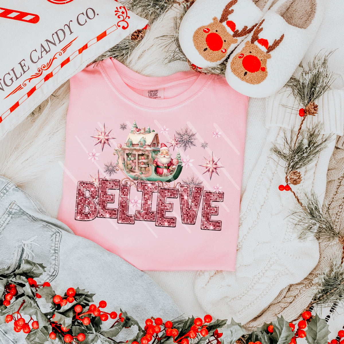 Believe PINK faux sequin letters and Santa sleigh 111616 DTF transfer