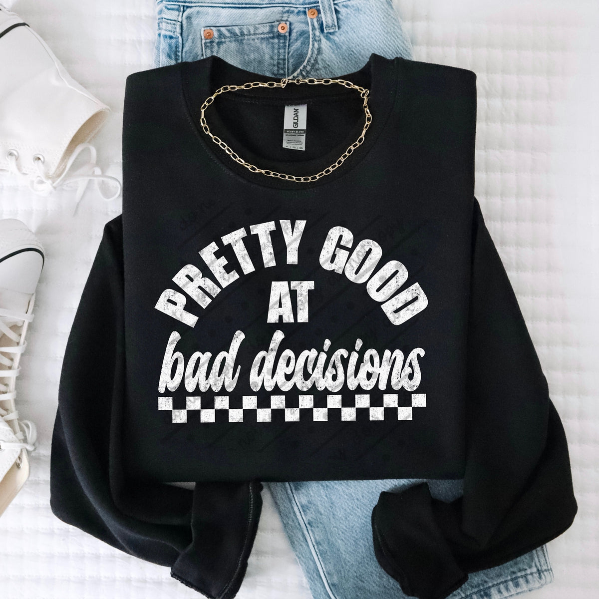 Pretty good at bad decisions white (scarlow) DTF transfer