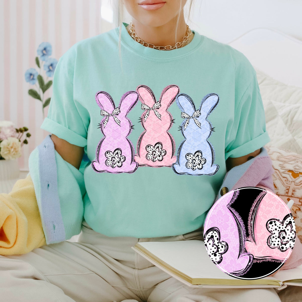 Three bunnies with bows SDD DTF transfer