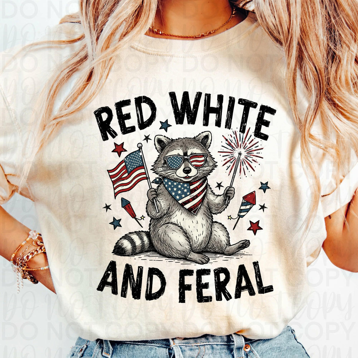 Red white feral raccoon Sunday Special DTF transfer