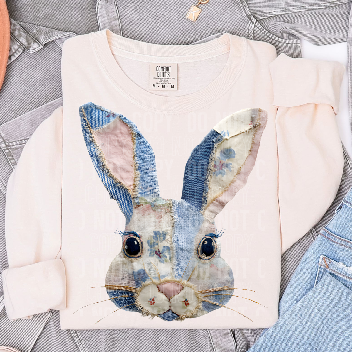 Patchwork bunny with florals in right ear (denim) (SBB) DTF transfer