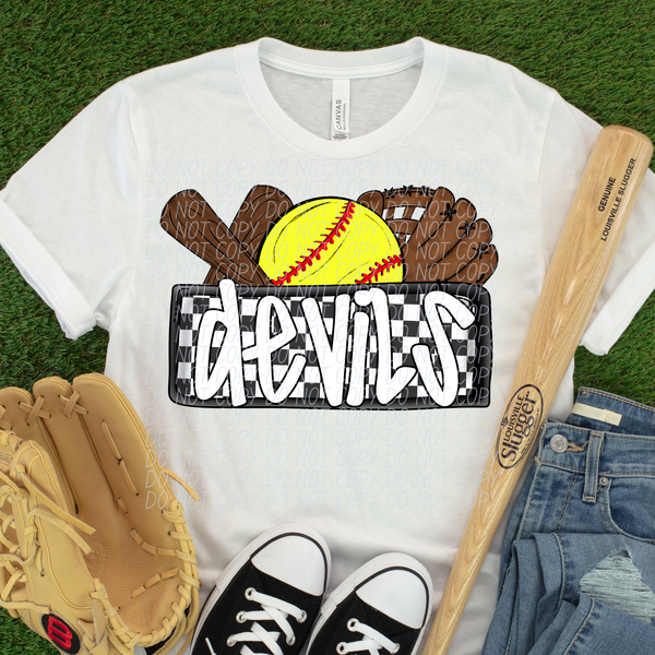 Devils (Bat, Softball, Glove, Checkered background) (City) DTF transfer
