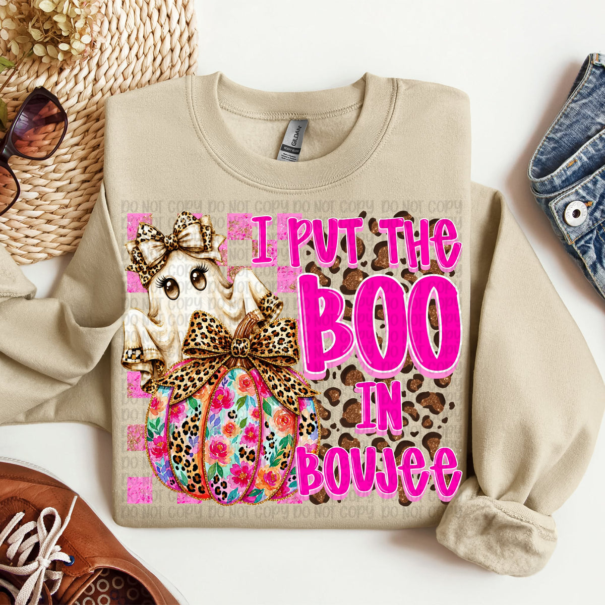 I put the boo in Boujee leopard background floral pumpkin with bow and ghost (VP) DTF Transfer
