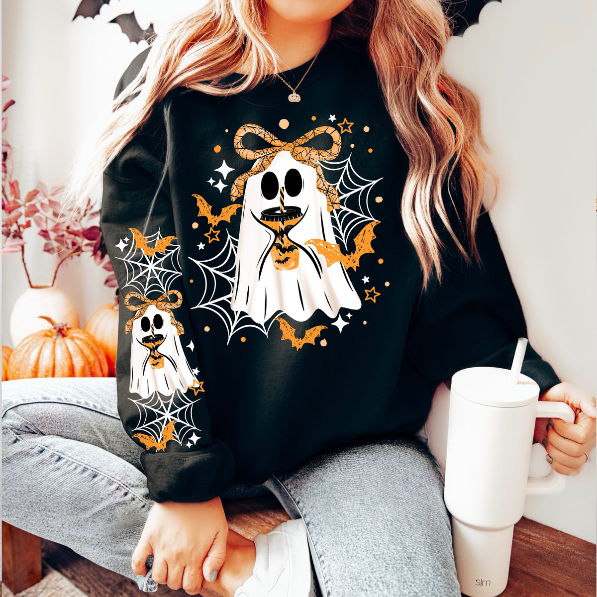 Ghost with orange bow white accents (front only) (CSC) DTF Transfer