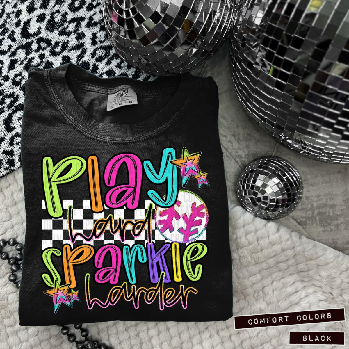 Play hard sparkle harder baseball white checkered 95938 DTF transfer