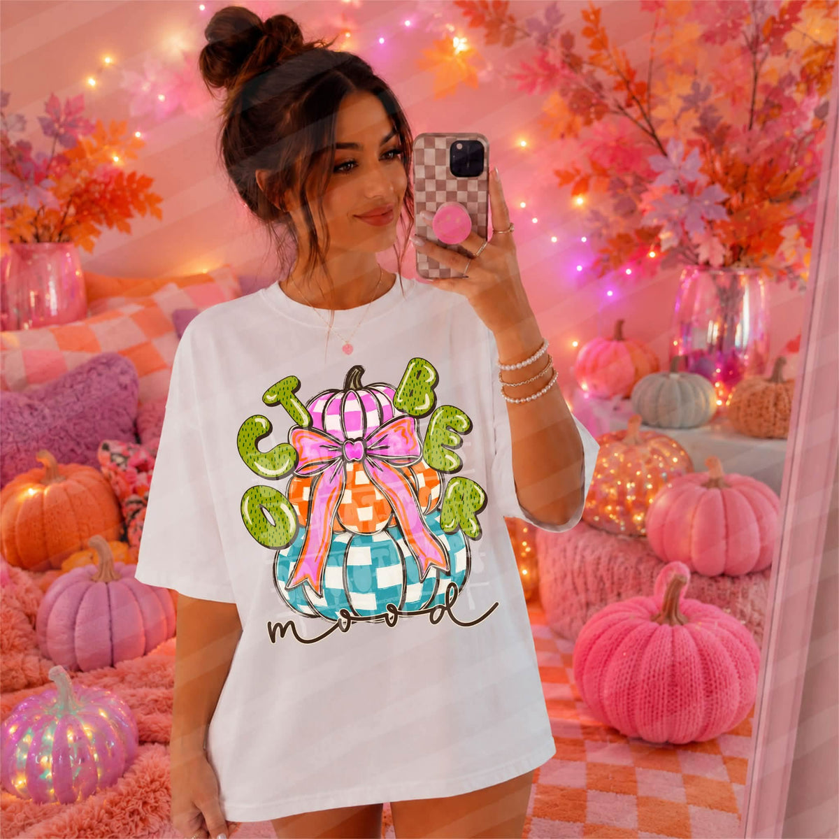 October mood stacked checker pumpkins pink orange blue  (C’s) DTF Transfer