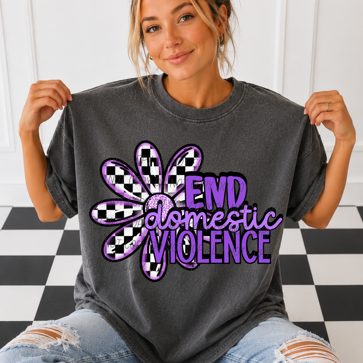 End domestic violence-checkered flower (CITY) DTF Transfer