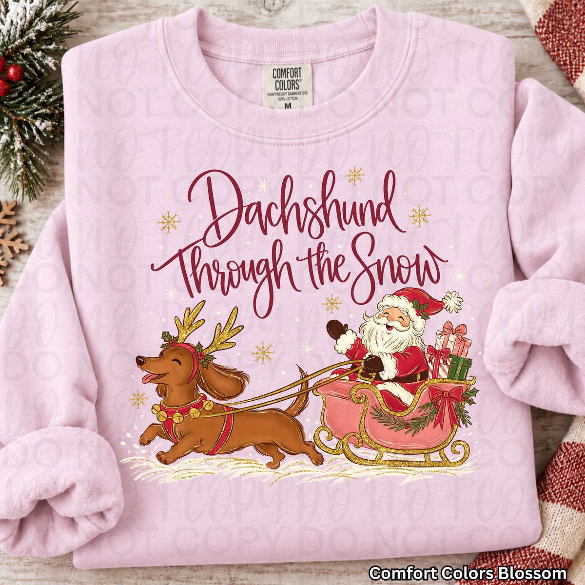Dashing through the snow wiener dog pulling sleigh RED (UAC) DTF Transfer