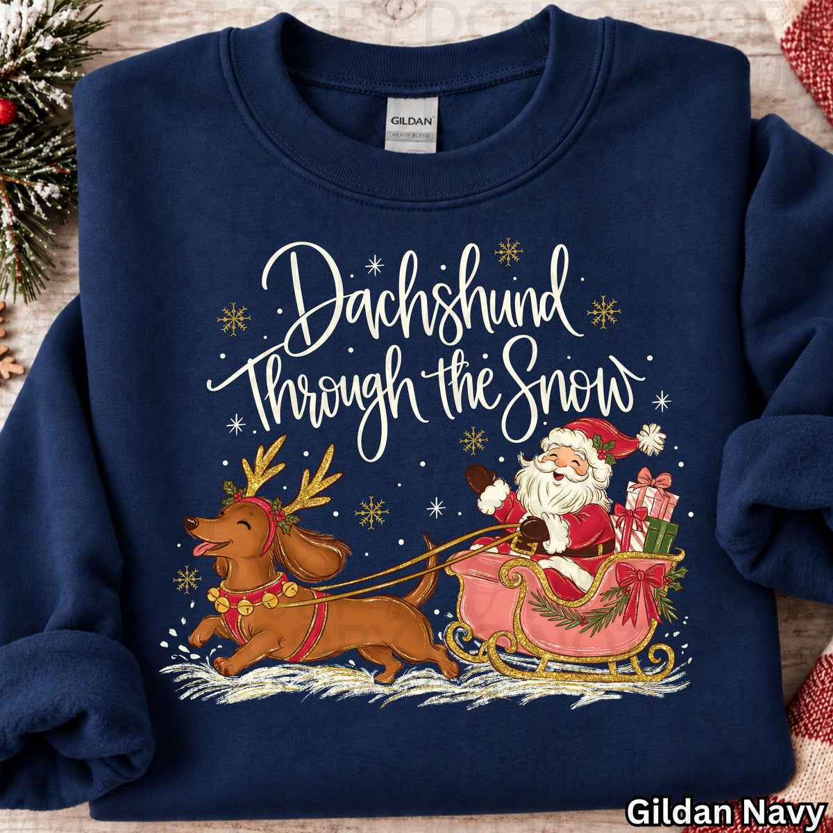 Dashing through the snow wiener dog pulling sleigh WHITE (UAC) DTF Transfer