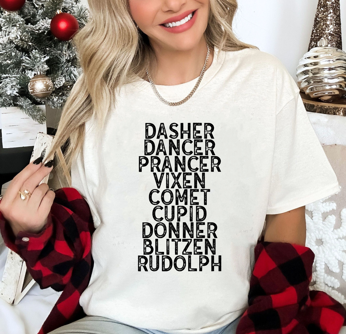 Dasher Dancer Prancer Vixen Comet Cupid Donner Blitzen Rudolph Black Font 115711 DTF Transfer