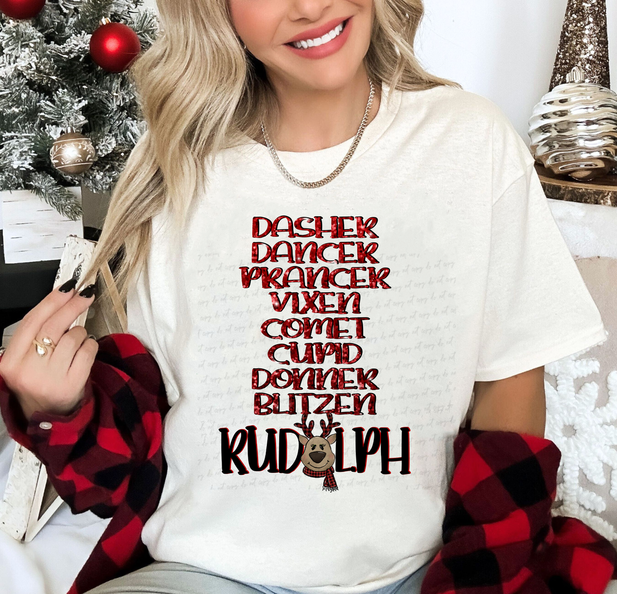 Dasher Dancer Prancer Vixen Comet Cupid Donner Blitzen Rudolph Stacked Red Glitter 115148 DTF Transfer